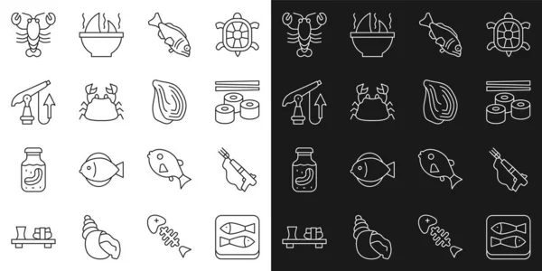 Set line konzervované ryby, Rybaření harpuny, Sushi, Krab, Humr a Mussel ikony. Vektor — Stockový vektor