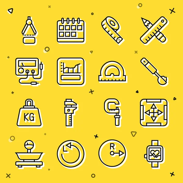 Set line Smart watch, Area measurement, Measuring spoon, tape, Graph, schedule, chart, diagram, Multimeter, voltmeter, Drawing compass and Protractor icon. Vector — Stock Vector