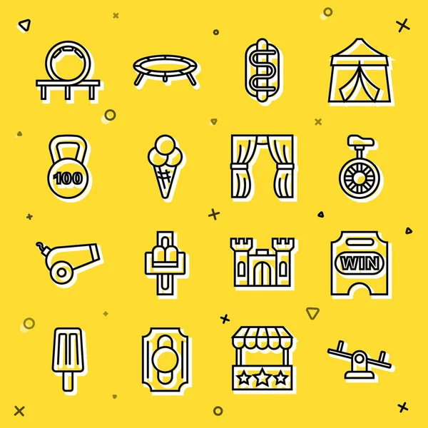 Набор линии Seesaw, Circus ticket, Unicycle or one wheel bicycle, Hotdog sandwich, Ice cream in waffle cone, Weight, Roller coaster and curtain raises icon. Вектор — стоковый вектор