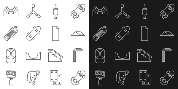 Set line Skateboard, Tool allen keys, park, Screwdriver, deck, and Grip tape on skateboard icon. Vector — Archivo Imágenes Vectoriales