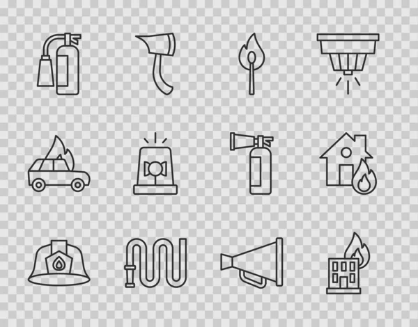 Set lijn Brandweerhelm, in brandend gebouw, Brandende wedstrijd met vuur, slang haspel, brandblusser, Flasher sirene, Megaphone en huis pictogram. Vector — Stockvector