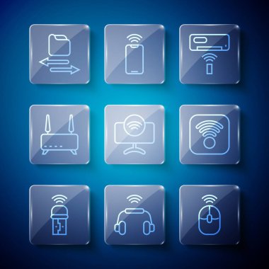 Hattı ayarla Usb kablosuz adaptörü, Akıllı kulaklıklar, kablosuz bilgisayar faresi, klima, Tv, Router ve wi-fi sinyali, transfer dosyaları ve Wi-Fi internet simgesi. Vektör