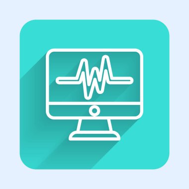 Uzun gölgeli, kardiyogram ikonlu beyaz çizgi bilgisayar monitörü. Simge denetleniyor. Kalp atışı elle çizilmiş EKG monitörü. Yeşil kare düğmesi. Vektör