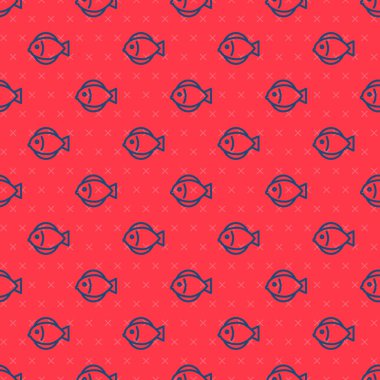 Mavi çizgi Balık simgesi kırmızı arkaplanda kusursuz desen izole etti. Vektör