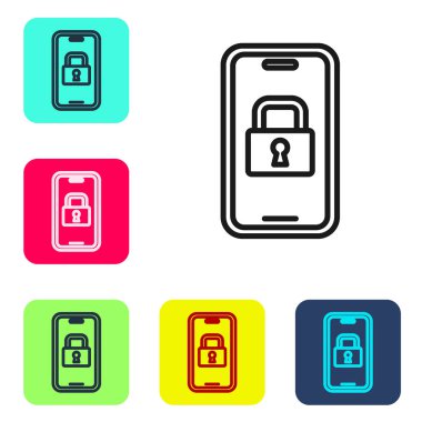 Beyaz arkaplanda izole edilmiş kilit ikonu için kablosuz teknolojiye sahip siyah çizgi dijital kapı kilidi. Kapı kolu tabelası. Güvenlik akıllı ev. Renkli kare düğmelerle simgeleri ayarla. Vektör