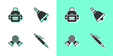 Kalem, okul çantası, madalya ve zil ikonu. Vektör
