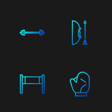 Sıralı beysbol eldiveni, voleybol ağı, halter ve yay ve ok. Renk simgeleri. Vektör