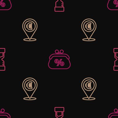 Set line Old hourglass, Cash location and Purse money percent on seamless pattern. Vector