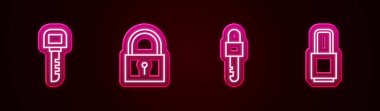 Satır: Anahtar, Kilit, Kilitli Anahtar ve. Parlayan neon ikonu. Vektör
