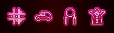 Tic tac toe oyunu, oyuncak araba, ip atlama ve kukla oyuncağı hazır olsun. Parlayan neon ikonu. Vektör