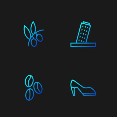 Set Hattı Kadın ayakkabısı, kahve çekirdekleri, zeytin dalı ve Pisa Kulesi. Renk simgeleri. Vektör