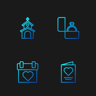 Hat çizgisi tebrik kartı, takvim, kilise binası ve elmas nişan yüzüğü. Renk simgeleri. Vektör