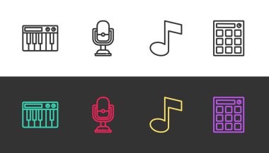 Müzik sentezleyicisi, mikrofon, nota, ton ve davul makinesini siyah ve beyaza ayarlayın. Vektör