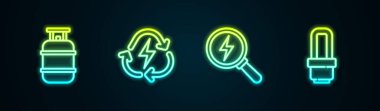 Propan benzin deposu, geri dönüşümlü pil, yıldırım ve LED ampulü ayarlayın. Parlayan neon ikonu. Vektör