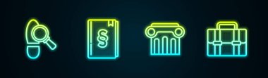 Çizgi çizgisi, hukuk kitabı, sütun ve evrak çantası. Parlayan neon ikonu. Vektör