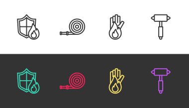 Ateş koruma kalkanı, hortum makarası, yangın yok ve itfaiyeci baltası siyah beyaz. Vektör