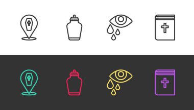 Tabutu haç, cenaze vazosu, gözyaşı göz yaşları ve siyah beyaz üzerine kutsal kitap ile dizin. Vektör