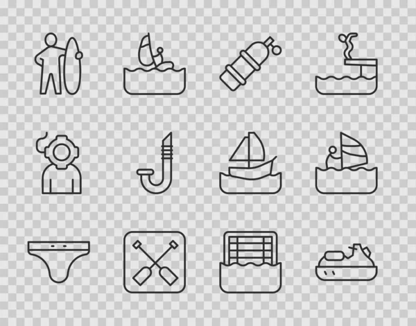 Set line Swimming trunks, Jet ski, Aqualung, Paddle, Surfboard, Snorkel, Water polo and Windsurfing icon. Vector — Stock Vector