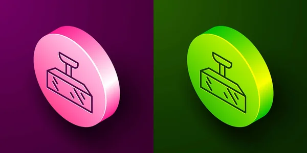Izometryczna linia Żarówka Studio w ikonie softbox izolowane na fioletowym i zielonym tle. Projekt odbicia cienia. Okrągły przycisk. Wektor — Wektor stockowy