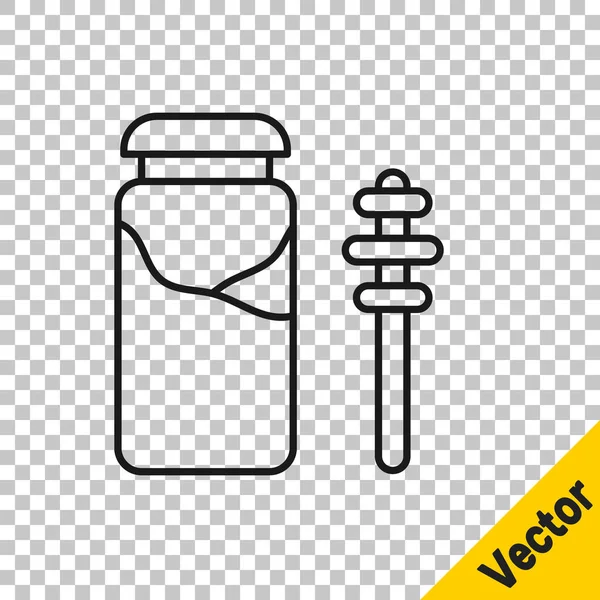Black Line Glas Honig und Honig Löffelstiel Symbol isoliert auf transparentem Hintergrund. Food bank. Süße natürliche Nahrung Symbol. Honiglöffel. Vektor — Stockvektor