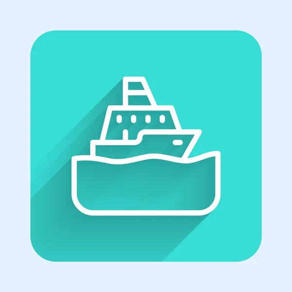 White line Cruise ship icon isolated with long shadow. Travel tourism nautical transport. Voyage passenger ship, cruise liner. Worldwide cruise. Green square button. Vector — Stock Vector