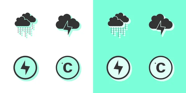 Establecer Celsius, Nube con lluvia, Rayo y Tormenta icono. Vector — Archivo Imágenes Vectoriales