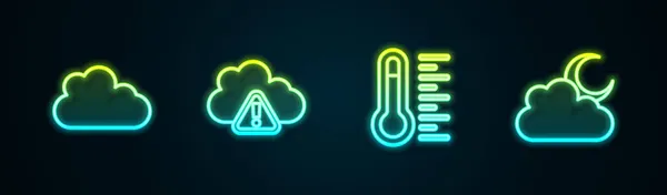 Ställ in linje Cloud, Storm varning, Meteorologi termometer och med månen. Glödande neonikon. Vektor — Stock vektor