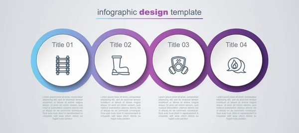Mise en ligne Sortie de secours, bottes, masque à gaz et appel téléphonique 911. Modèle infographique d'affaires. Vecteur — Image vectorielle