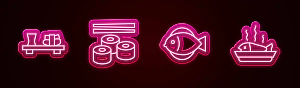 设置线寿司在切菜板,鱼和伺服鱼盘.发光的霓虹灯图标。B.病媒 — 图库矢量图片
