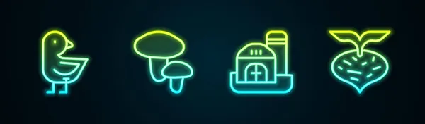 Kiscsibe, gomba, parasztház és cékla. Ragyogó neon ikon. Vektor — Stock Vector