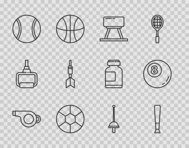 Düdük, Beyzbol sopası, Pommel atı, Futbol, Tenis, Dart oku, eskrim ve bilardo bilardo ikonu. Vektör