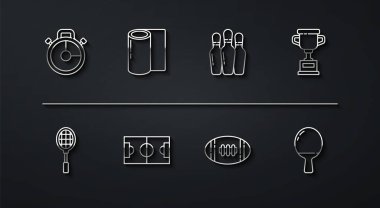 Set hattı Stopwatch, Tenis raketi, Ödüllü Kupa, Amerikan Futbol Sahası, veya Futbol Sahası, Fitness mat roll, masa tenisi için raket ve bovling pin ikonu. Vektör