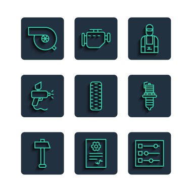 Hammer, Oto hizmet kontrol otomotiv, araba ayarları, tamirci, tekerlek, boya spreyi, otomotiv turbo şarj aleti ve buji ikonu. Vektör