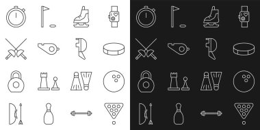 Sıralı bilardo topları üçgende, bowling, hokey diski, paten, ıslık, eskrim, kask maskesi ve kask maskesi ikonu. Vektör