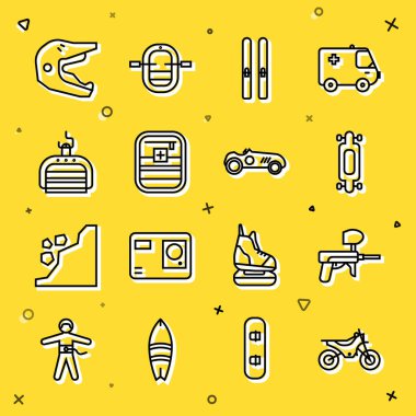 Sıralı dağ bisikleti, Paintball silahı, kaykay ya da kaykay, kayak ve sopalar, ilk yardım çantası, kaldırma, motosiklet kaskı ve klasik spor yarış arabası ikonu. Vektör