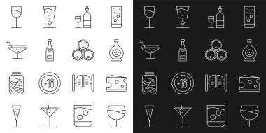 Şarap kadehi, peynir, konyak ya da brendi şişesi, şampanya, kokteyl ve tahta fıçı ikonu. Vektör