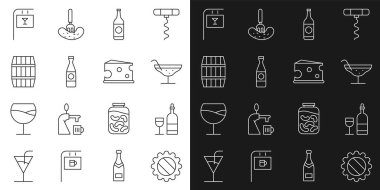 Şişe kapağı, cam kaplı şarap şişesi, kokteyl, bira fıçısı, tahta fıçı, sokak tabelası barı ve peynir ikonu. Vektör