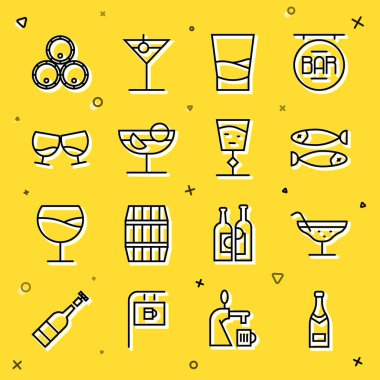 Şampanya şişesi, kokteyl, kurutulmuş balık, bir bardak votka, konyak ya da brendi, tahta fıçılar ve şarap bardağı ikonu. Vektör