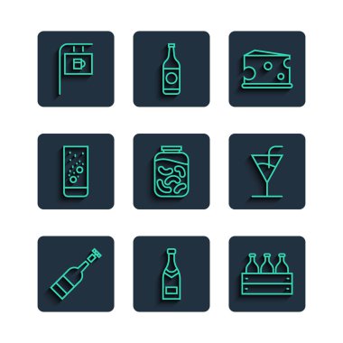 Şarabı, şampanyayı, şişeyi, ahşabı, peyniri, salatalığı, salatalığı, salatalığı, tablet suyunu, bar ve kokteyl ikonlu sokak tabelasını ayarlayın. Vektör