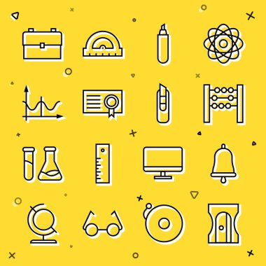 Satır kalemtıraşı, zil, Abacus, Marker, Sertifika şablonu, Grafik, çizelge, şema, okul sırt çantası ve kırtasiye bıçağı ikonu. Vektör