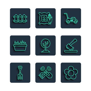 Bahçe tırmığı, kürek ve çiçek çim biçme makinesi, ağaç dikdörtgen şeklinde taze çimen çit ahşap ve tahta balta ikonu. Vektör