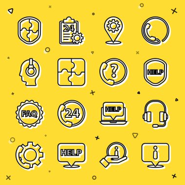 Hat Bilgileri, Kulaklıklar, Mesajlı Kalkan, Konum Ekipmanı, Yapboz Parçası, İletişim Destek Operatörü, ve Telefon 24 saat destek ikonu. Vektör