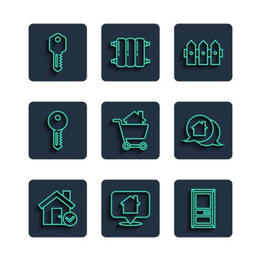 İşaretli ev, konum evi, kapalı kapı, bahçe çitleri ahşap, alışveriş arabası, anahtar ve emlak mesajı ikonu. Vektör