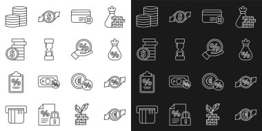 Finansal büyüme ve euro sikkesi, indirimli yüzde etiketi, para çantası, kredi kartı ekstreleri, eski kum saati, bozuk para doları ve ikon. Vektör