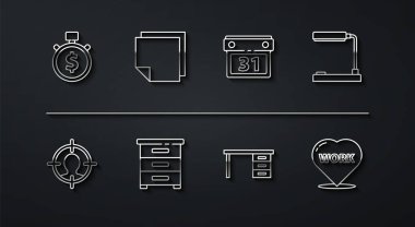 Set Zamanı para, kelle avcılığı konsepti, masa lambası, ofis masası, belgeli çekmece, not etiketleri, kalp metin çalışması ve takvim simgesi. Vektör