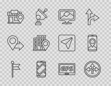 Çizgi konum belirleyicisi, trafik işareti, şehir haritası navigasyonu, mağazası, evi, GPS cihazı ve simgesi olan. Vektör