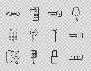 Bir sürü anahtar, şifre koruması, anahtar, uzaktan kumandalı, eski, kilitli ve simgeli bir araba ayarla. Vektör