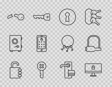 Hat güvenli kombinasyon kilidi, kilit bilgisayar monitörü, anahtar deliği, yanlış anahtar, bozuk anahtar, mobil ve grafik parola, dijital kapı ve bisiklet simgesi ayarla. Vektör