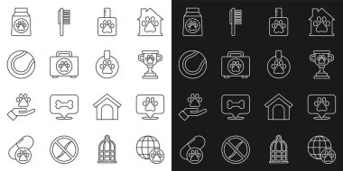 Evcil hayvan, konum veterineri, evcil hayvan ödülü, şampuan, ilk yardım çantası, tenis topu, isim etiketi ikonlu bir çanta dolusu yiyecek ve yaka. Vektör