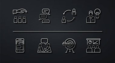 Patronu çalışanla ayarla, telefonda sohbet mesajları, insan ampulü, hedef ok, konuşan iki oturan adam, konuşma balonu sohbeti, eğitim, sunum ve kaynak ikonu. Vektör